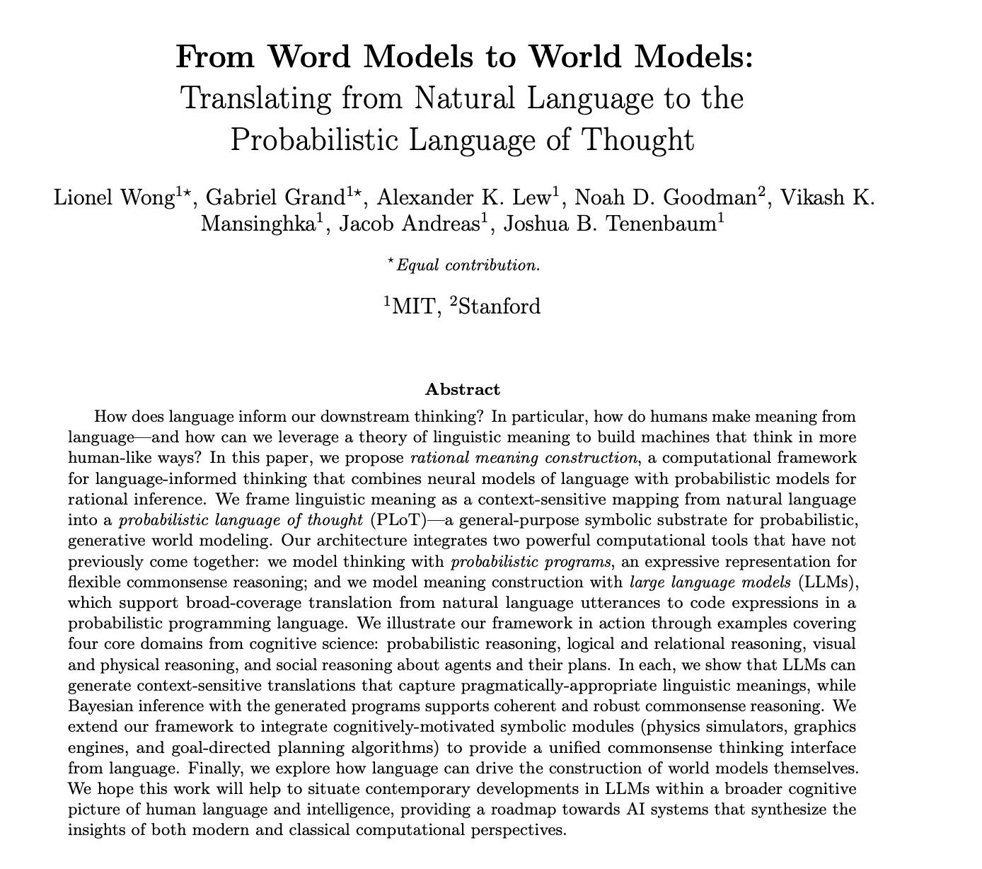 Word Models to World Models: Natural Language to Probabilistic Thought