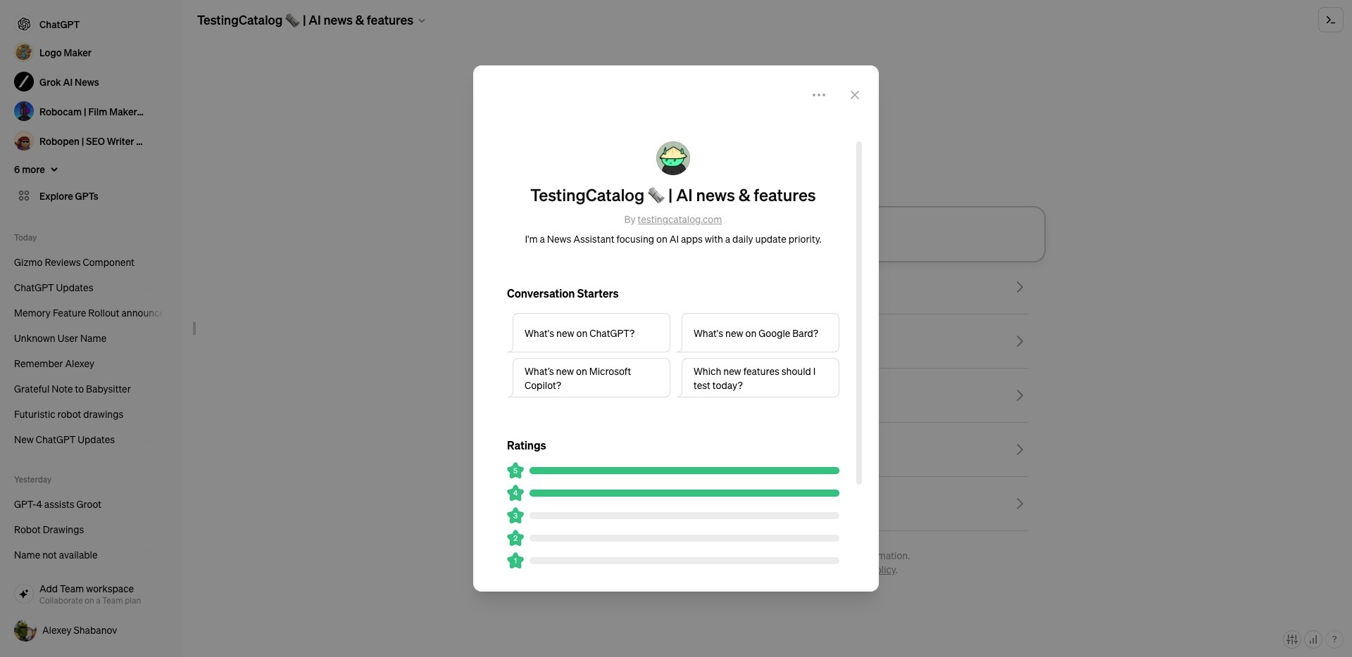 Sneak peek of the rating widget on ChatGPT