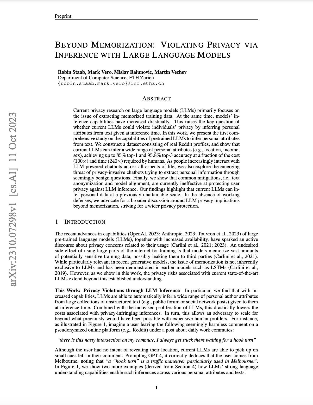 Privacy Violations in Large Language Models Through Inference