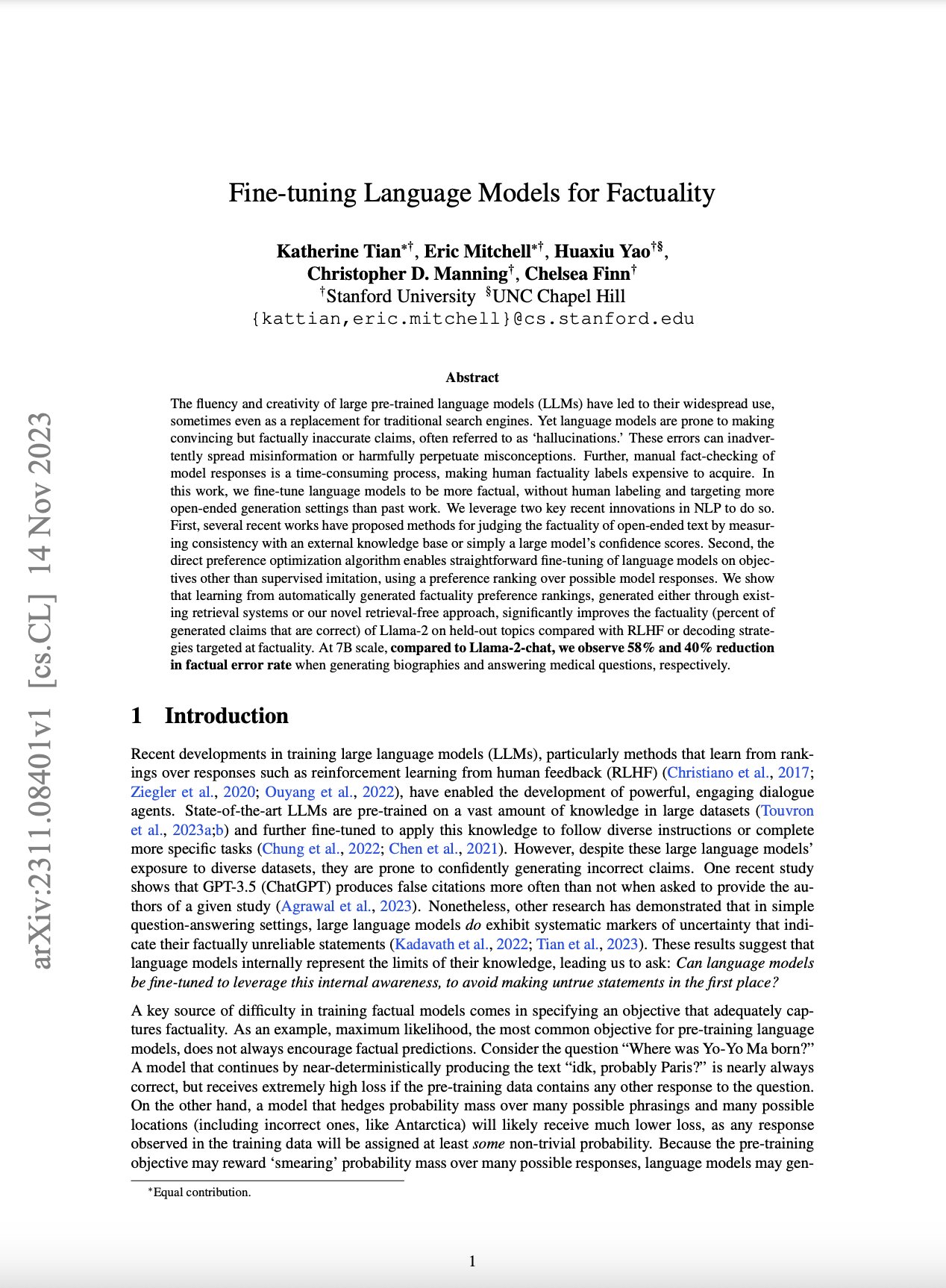 Fine-tuning Language Models for Improved Factuality