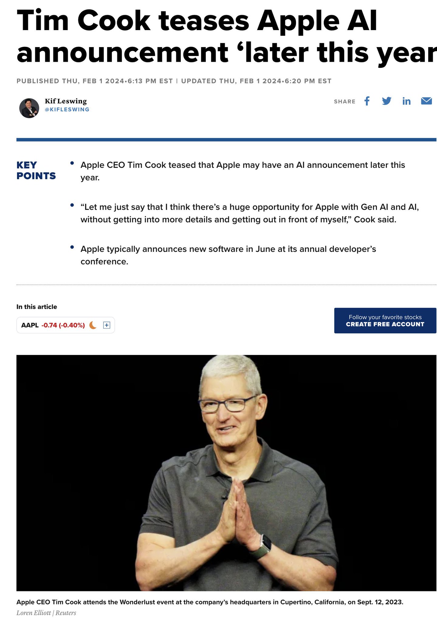 Apple CEO hints at major AI announcement for 2026