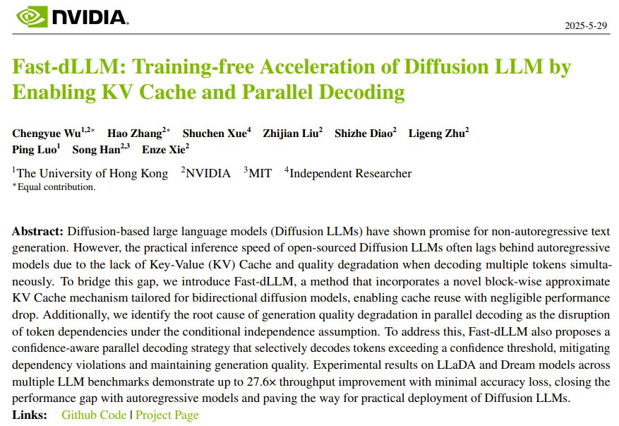 Fast-dLLM: Training-free Acceleration of Diffusion Language Models