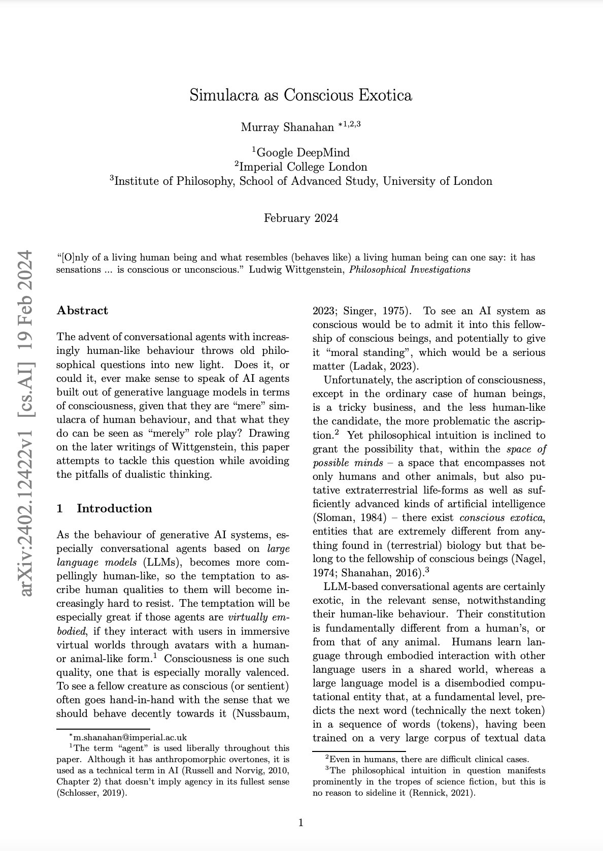 Simulacra as Conscious Exotica: AI Research Insights