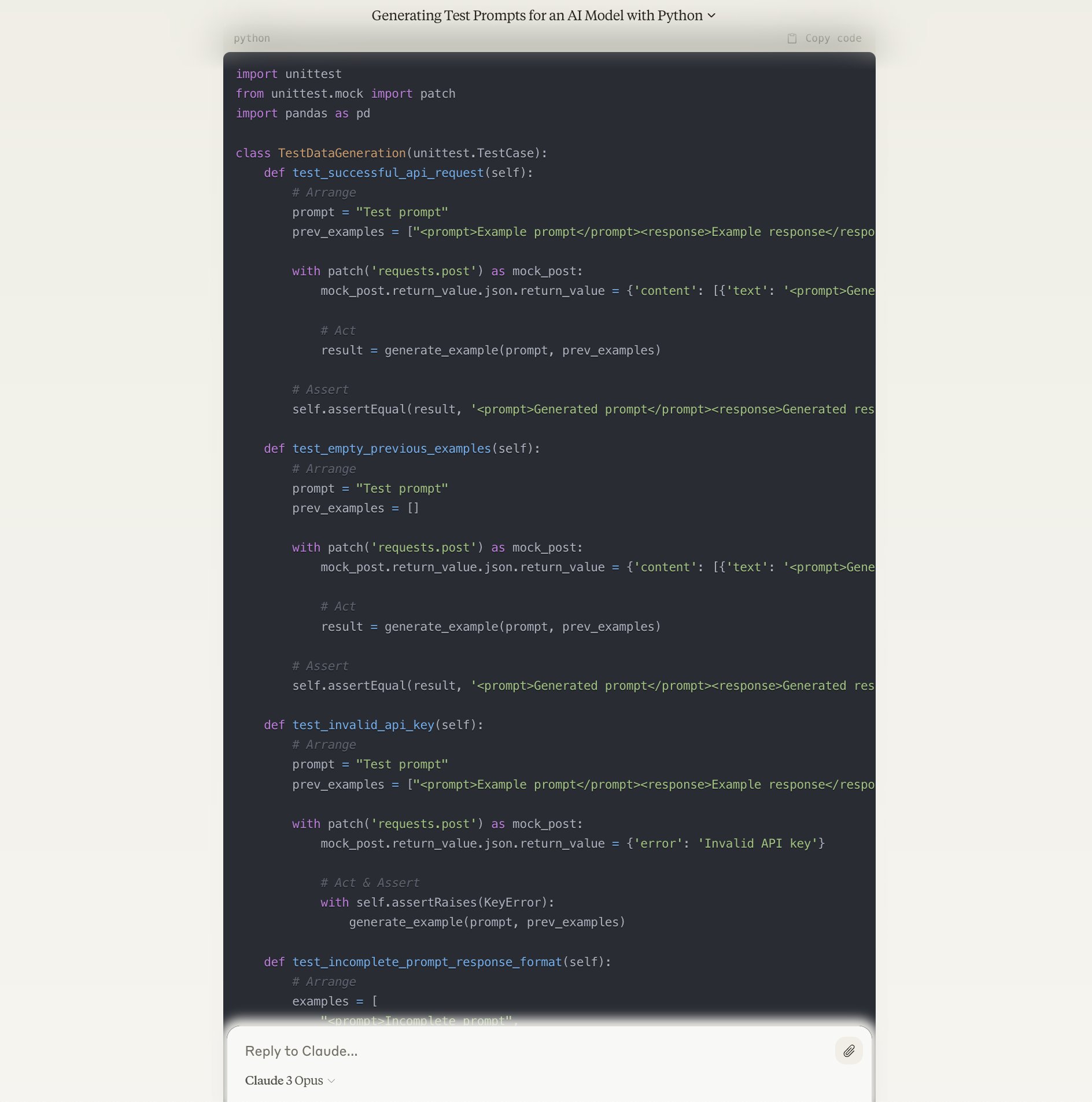Claude 3 Prompt for Automatic Unit Test Generation