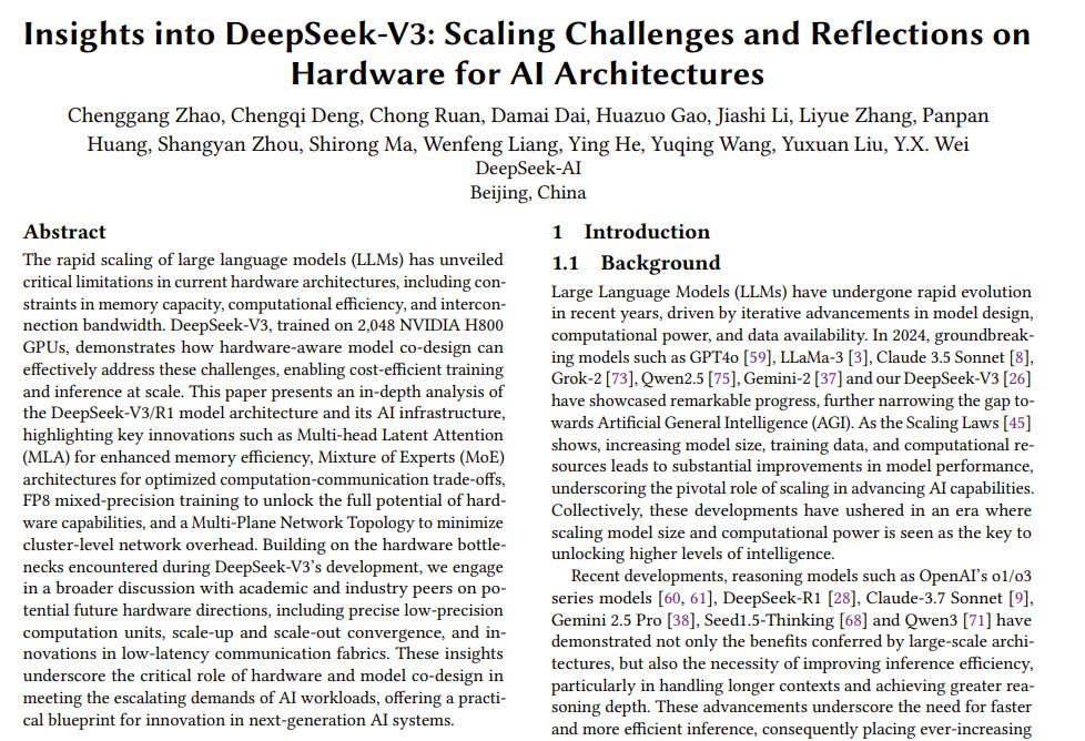 DeepSeek-V3 Scaling Challenges and AI Hardware Architecture Insights