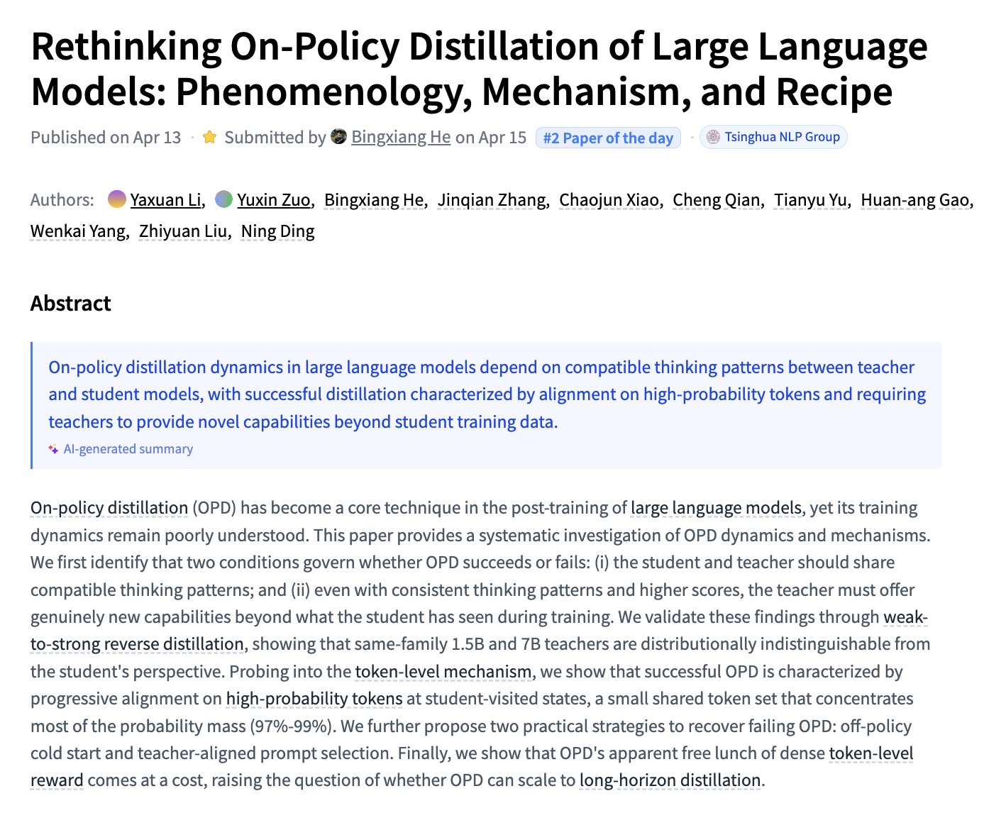 Rethinking On-Policy Distillation of Large Language Models Research