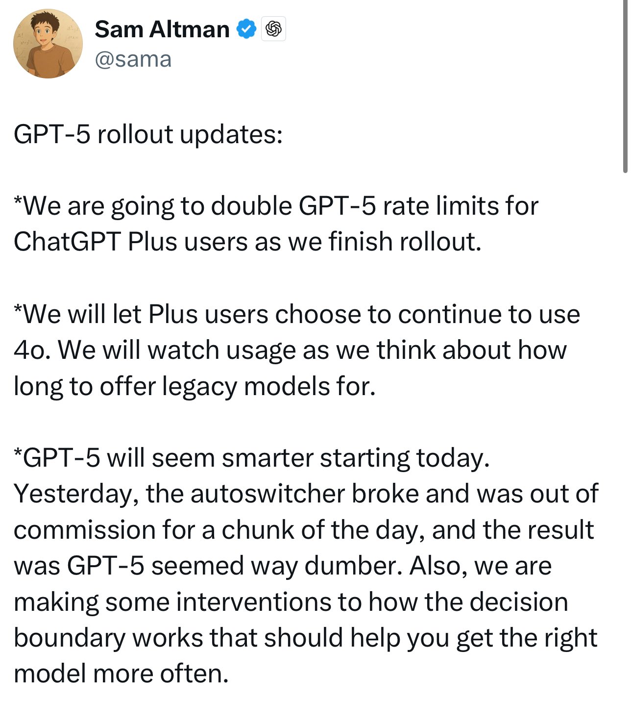 GPT-5 updates and rate limit changes