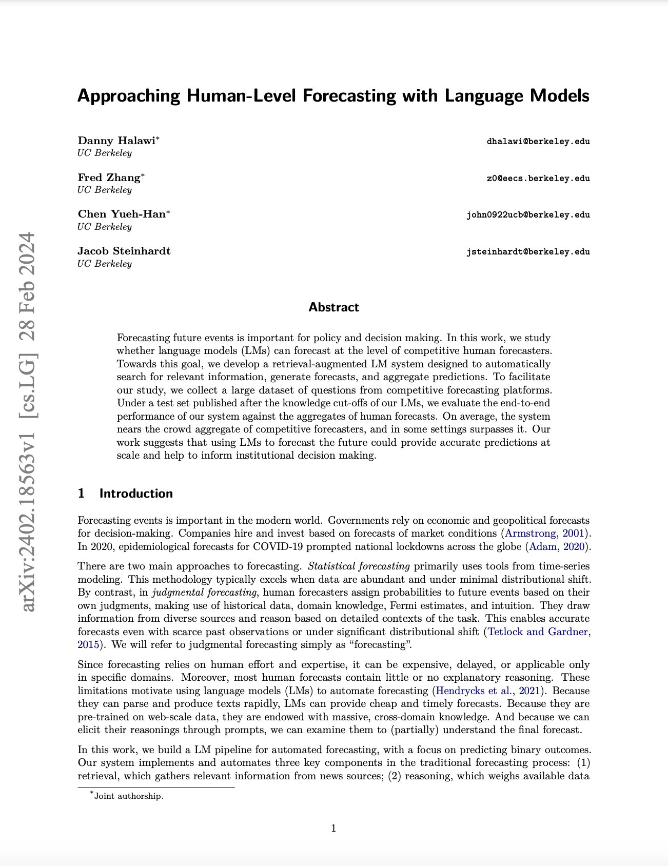 Language Models Achieve Human-Level Forecasting Capabilities