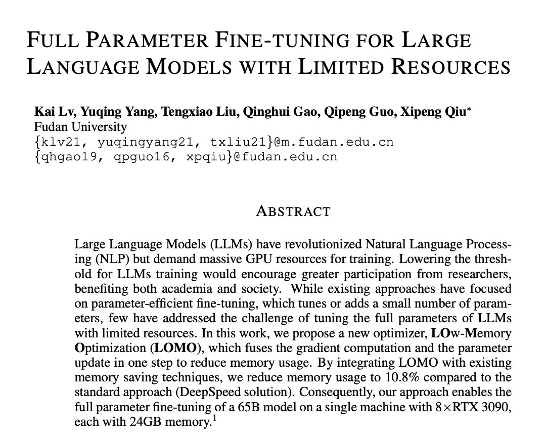 Full Parameter Fine-tuning for Large Language Models with Limited Resources