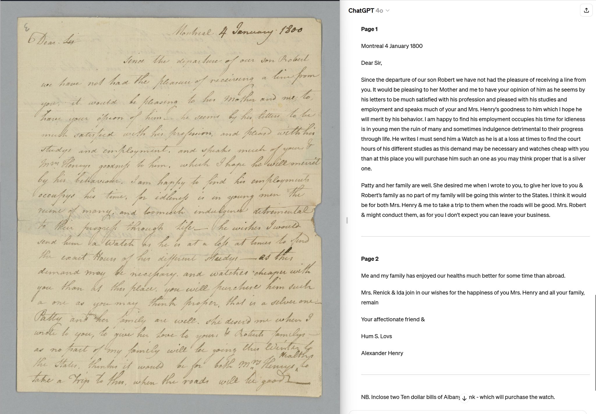 GPT-4o Transcribes Historical Handwritten Documents