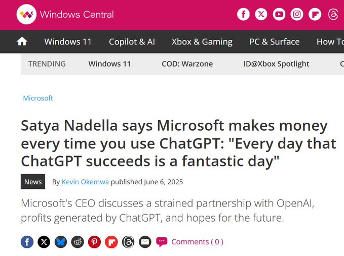 Microsoft CEO Confirms Azure Revenue From Every ChatGPT Use