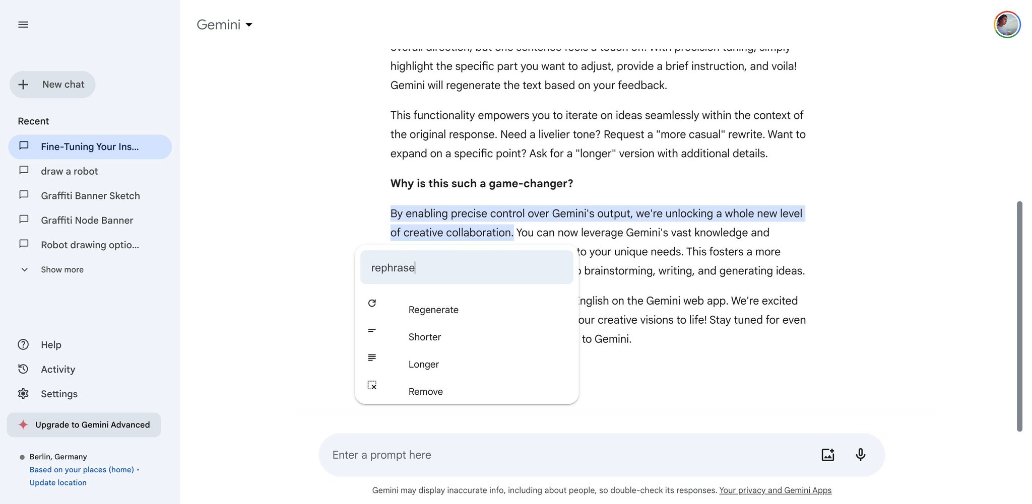 AI interface features for text generation and modification