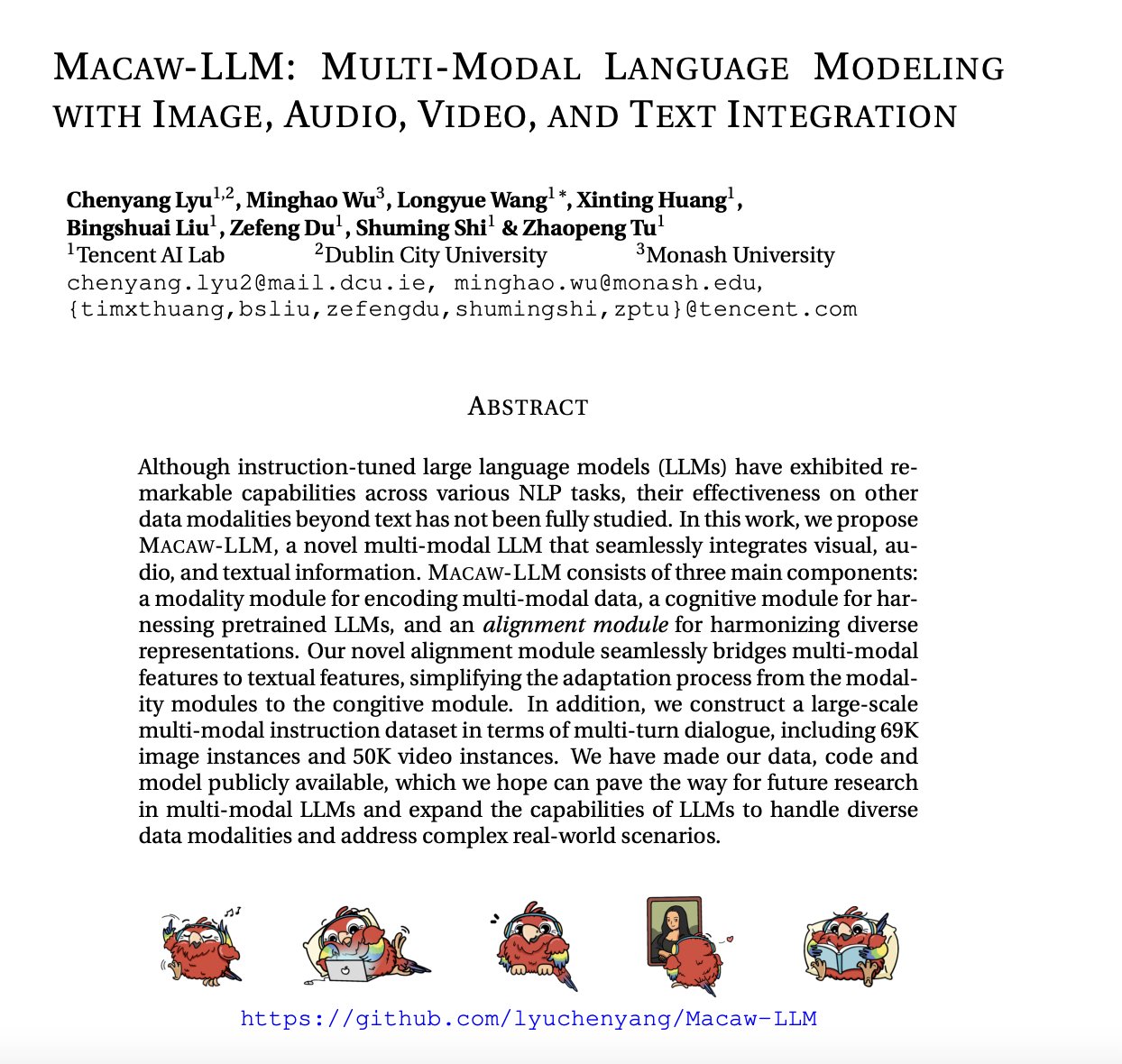 Macaw-LLM: Multi-Modal Language Model with Image Audio Video Text