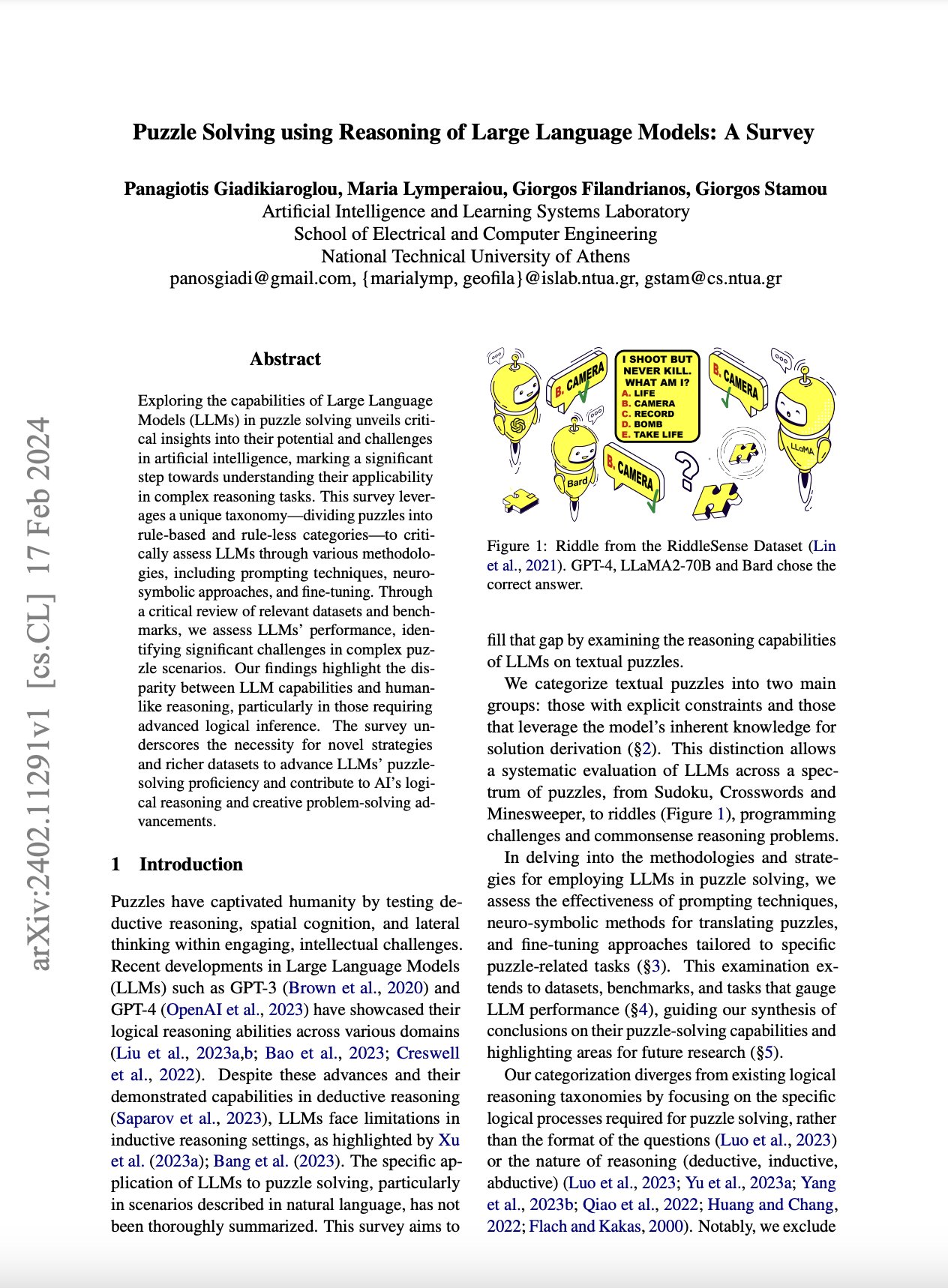 Large Language Models Reasoning for Puzzle Solving Survey
