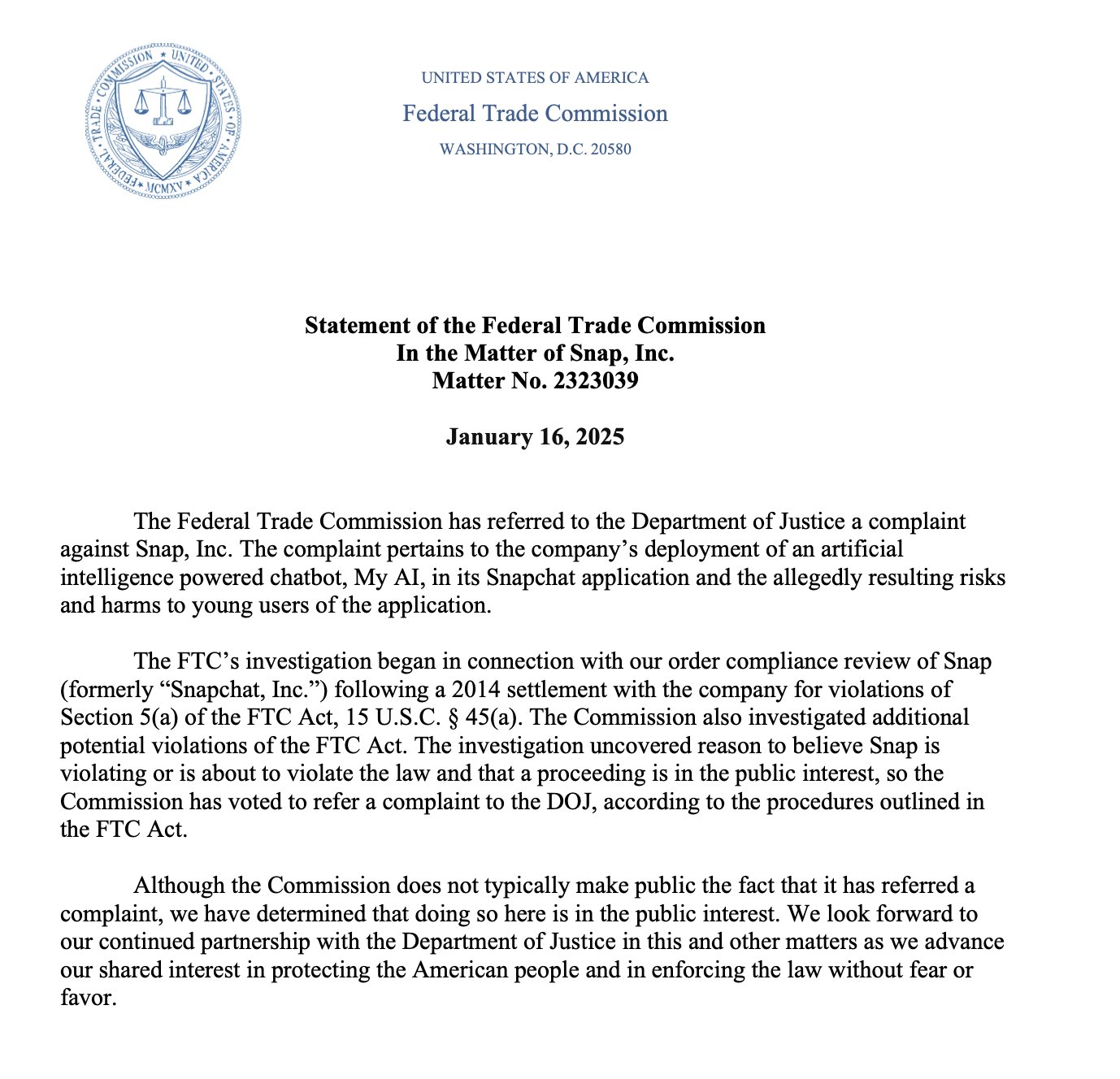 FTC Issues Statement on Snap Investigation and DOJ Referral