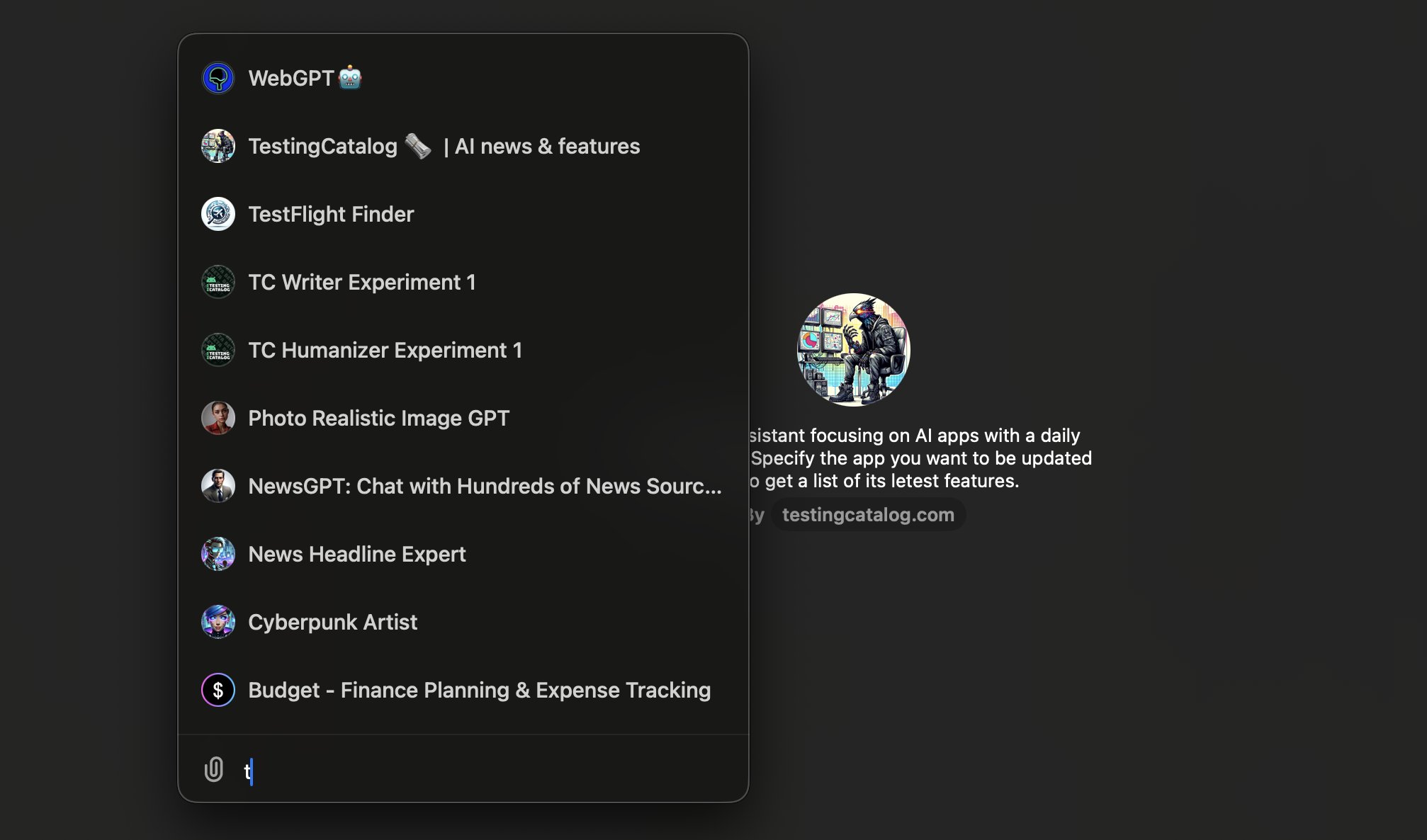 ChatGPT MacOS Update: Selection of Custom GPTs
