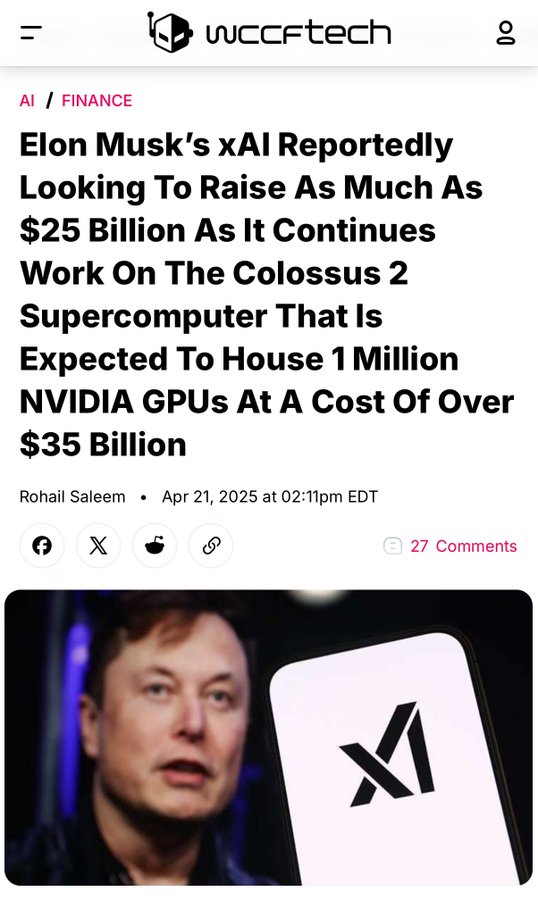 Musk Seeks $25B to Build Colossus 2 Supercomputer with 1M GPUs