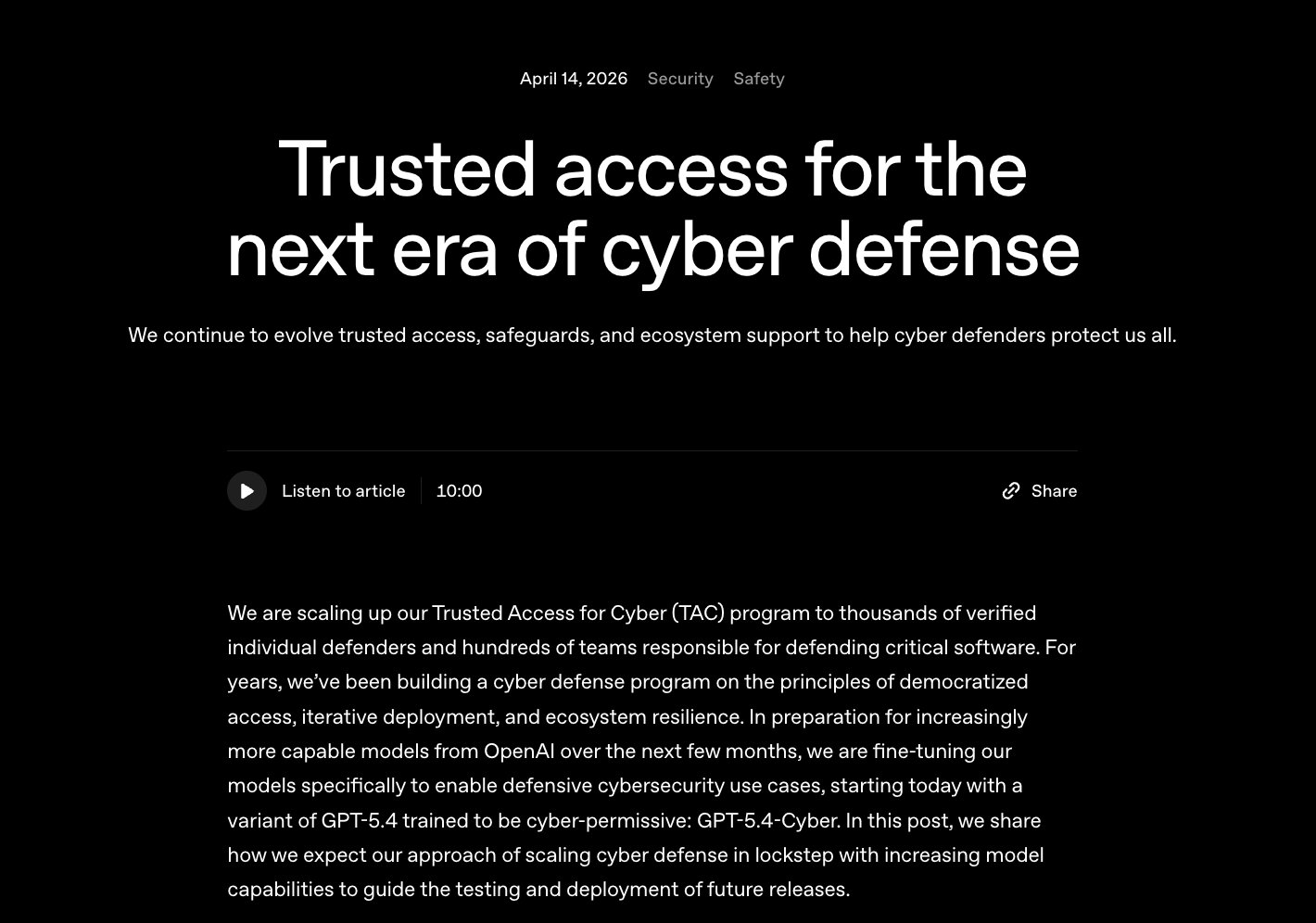 OpenAI Launches GPT-5.4-Cyber Model for Cybersecurity Defense
