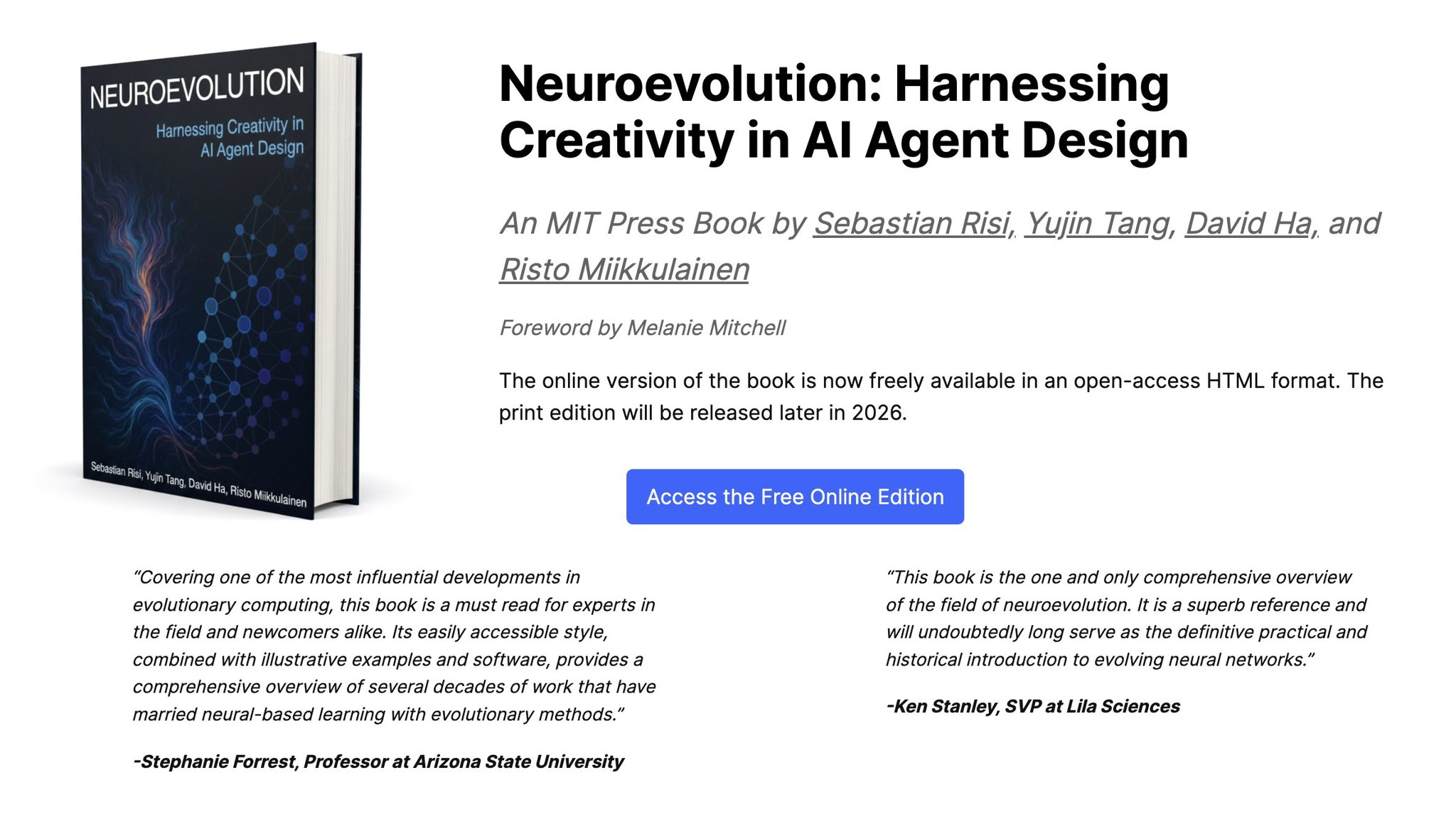 Free open-access edition of neuroevolution book now available