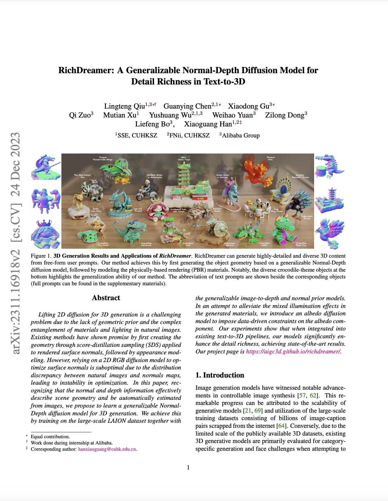RichDreamer: Normal-Depth Diffusion Model for Text-to-3D Generation