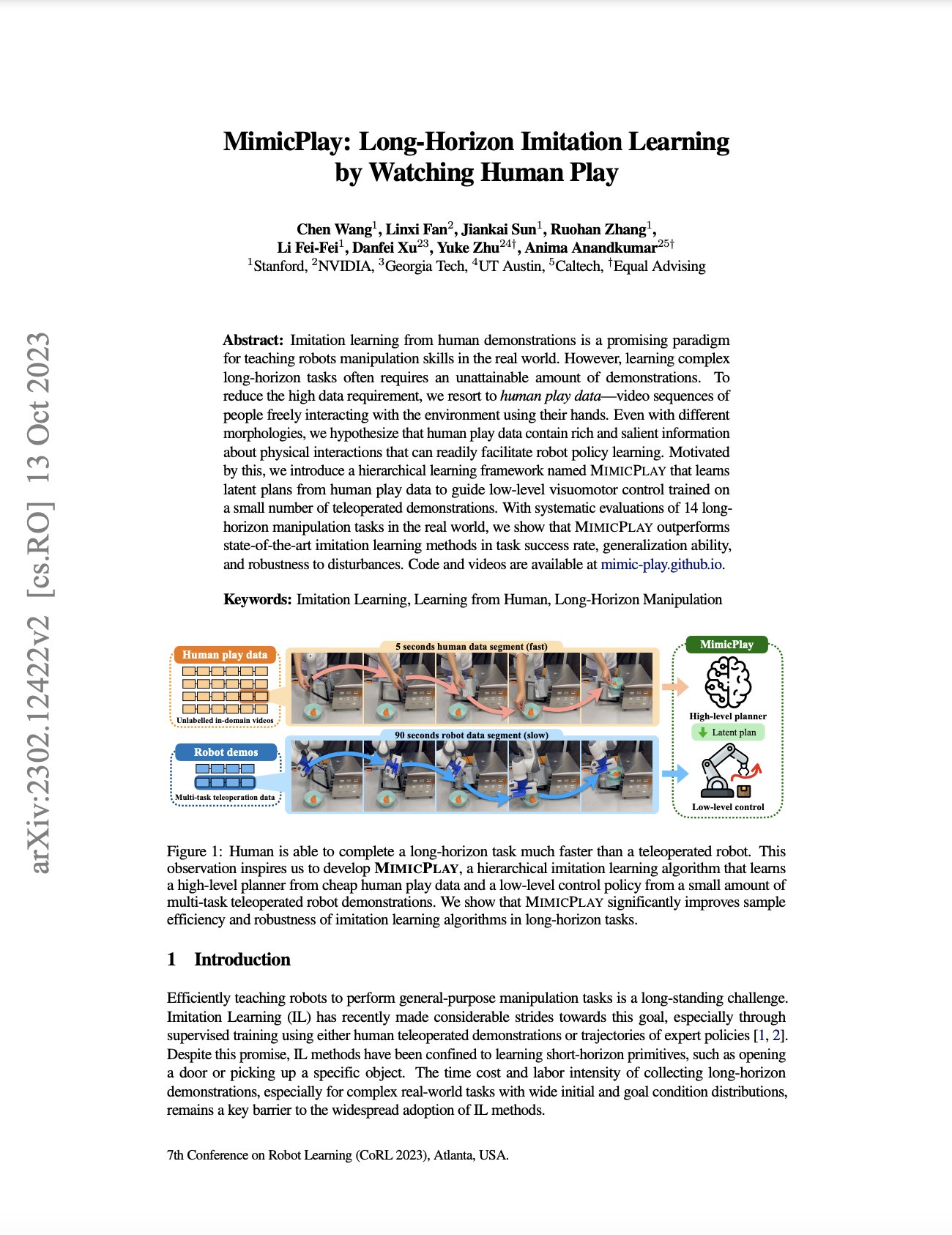 MimicPlay: Long-Horizon Imitation Learning from Human Demonstrations
