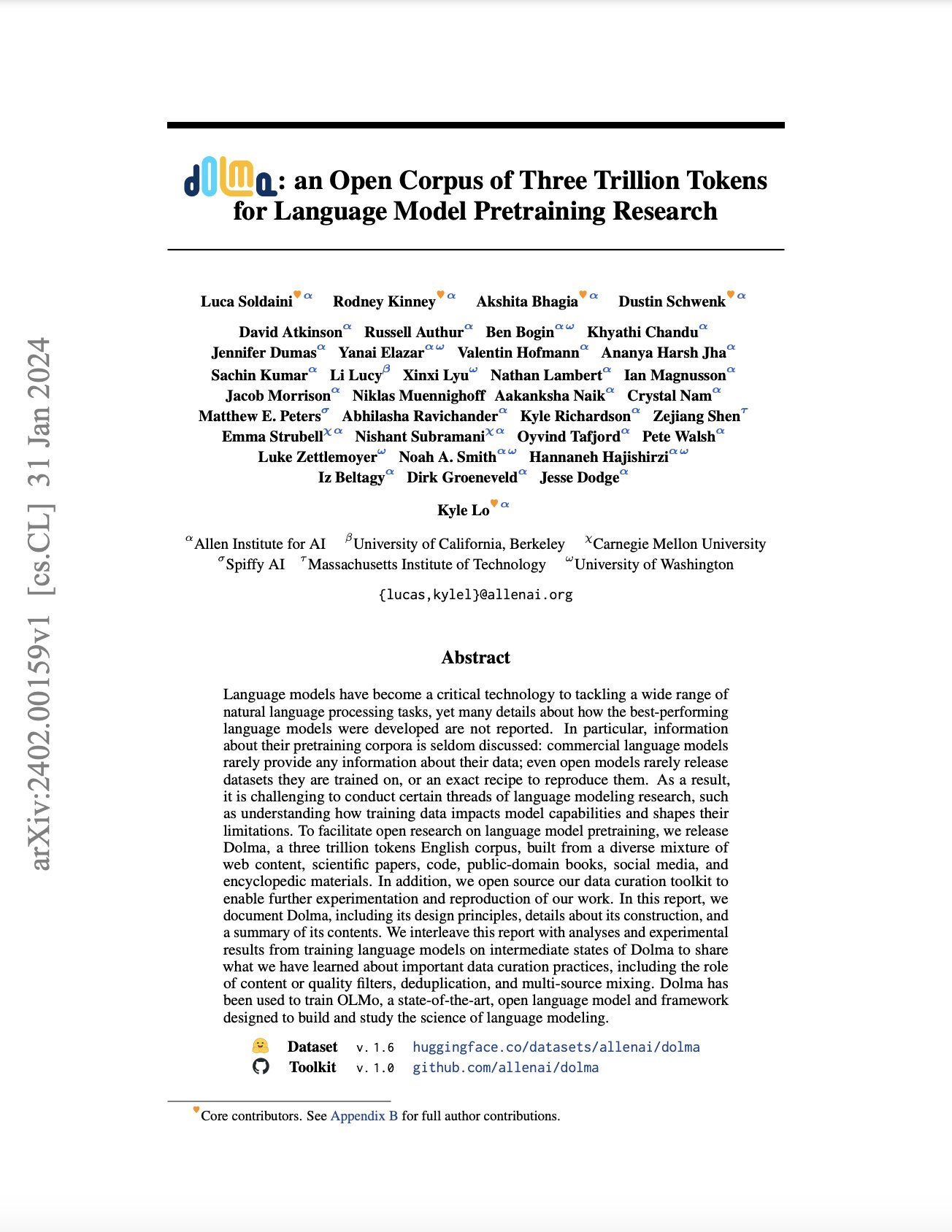 Dolma: Open Corpus Three Trillion Tokens Language Model Pretraining