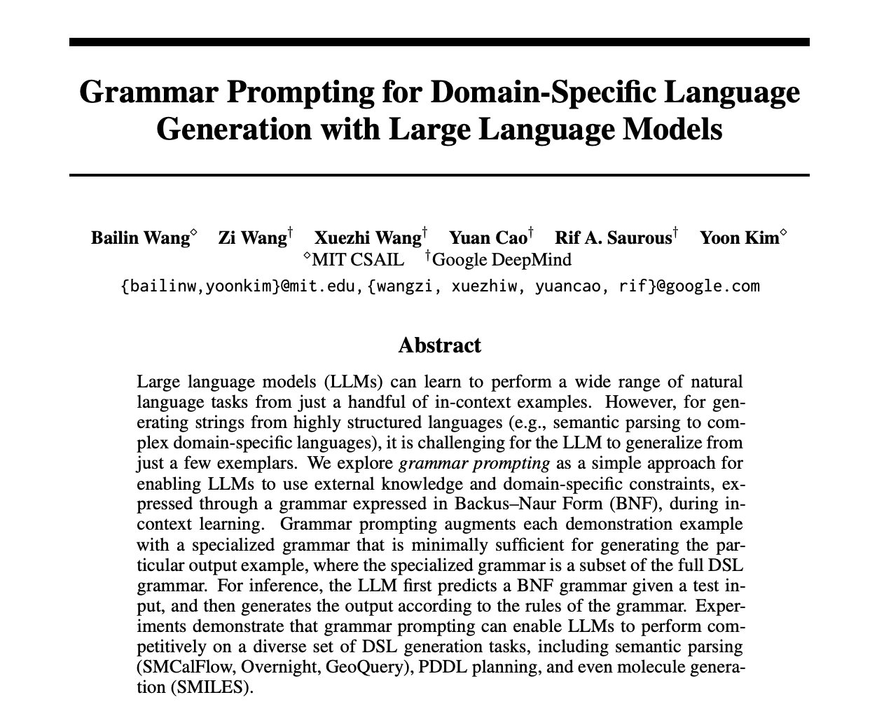 Grammar Prompting for Domain-Specific Language Generation with LLMs