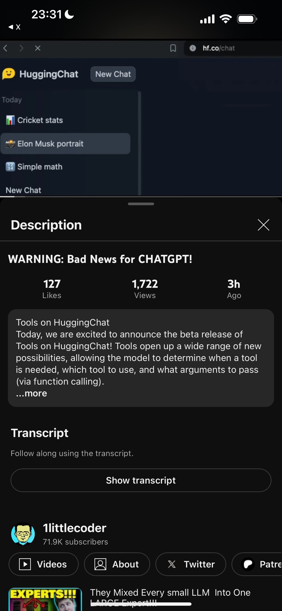HuggingChat Tools Launch Reviewed by 1littlecoder