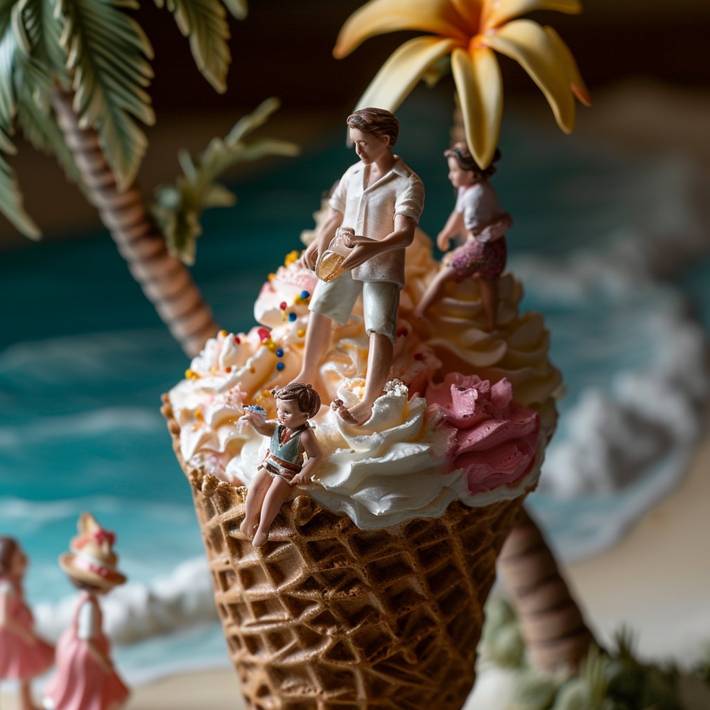 Miniature family playing in tropical ice cream cone