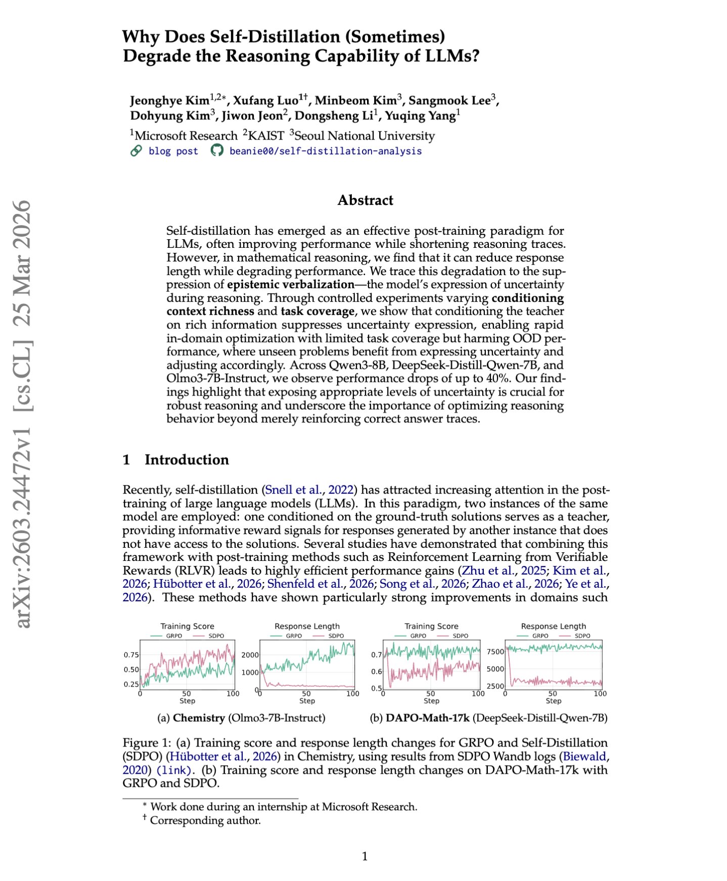Self-Distillation Degrades LLM Reasoning Capabilities