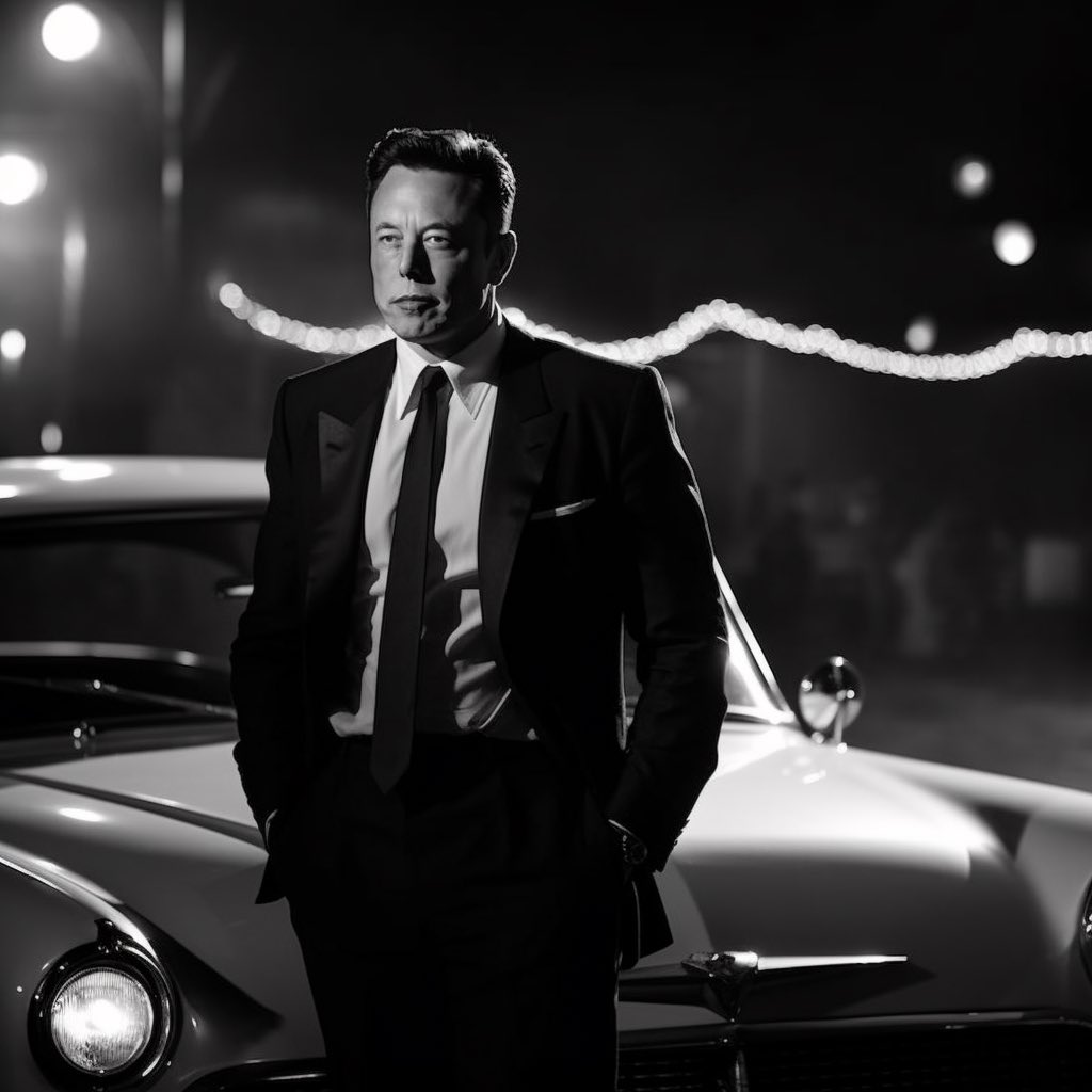 Late night Midjourney prompts lead to Elon Musk in crime noir film