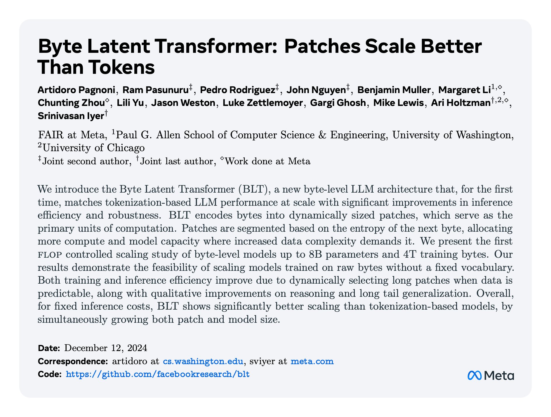 Byte Latent Transformer: Patches Match Token Performance with Better Efficiency