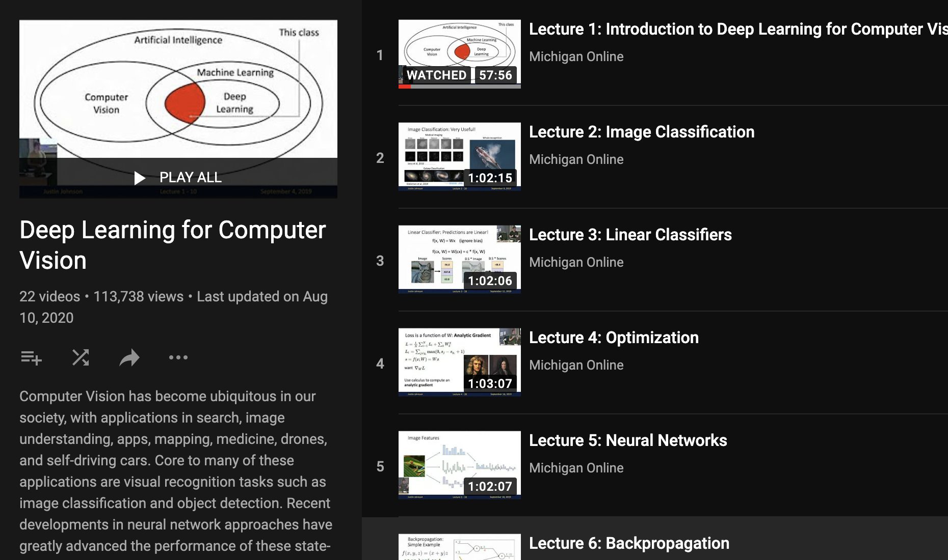 Deep Learning for Computer Vision Course by Justin Johnson