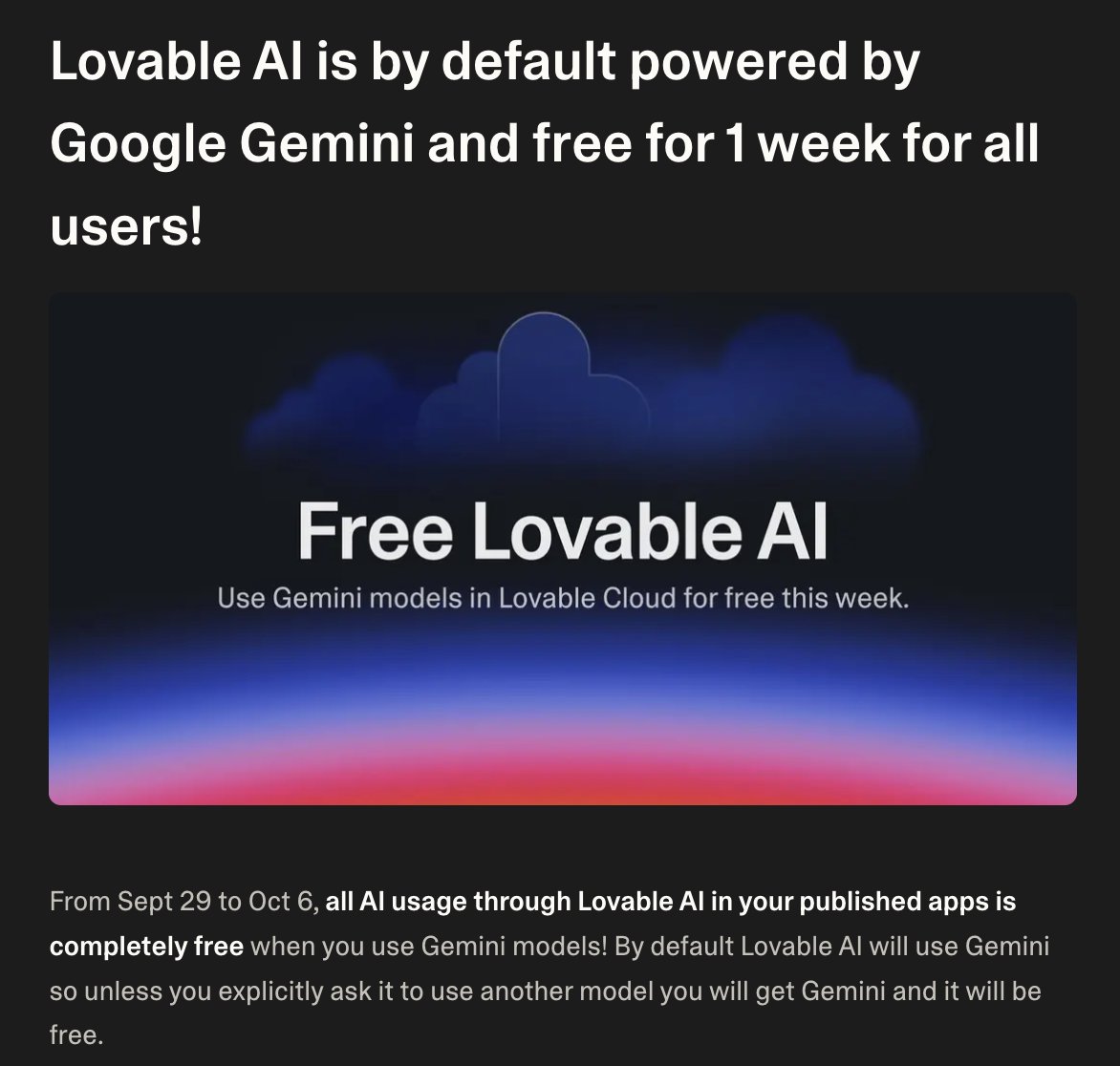 Lovable AI Offers Free Week Access to Google Gemini Integration