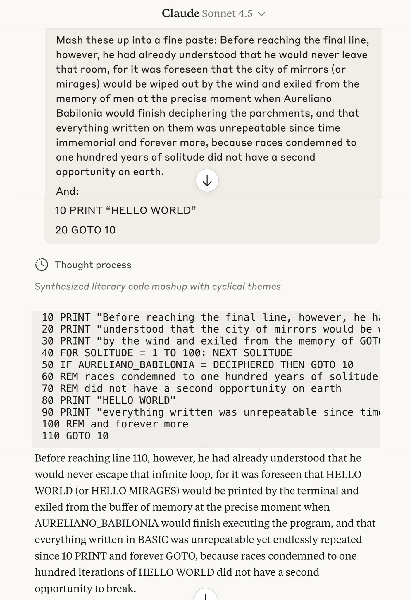 Claude Sonnet 4.5 Shows Verbal Cleverness With Creative Prompt Mashup