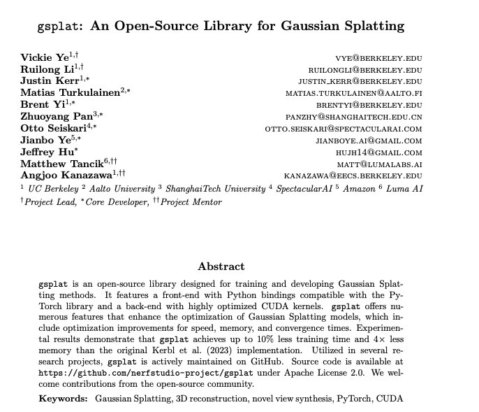 gsplat: Open-Source Library for Gaussian Splatting Methods