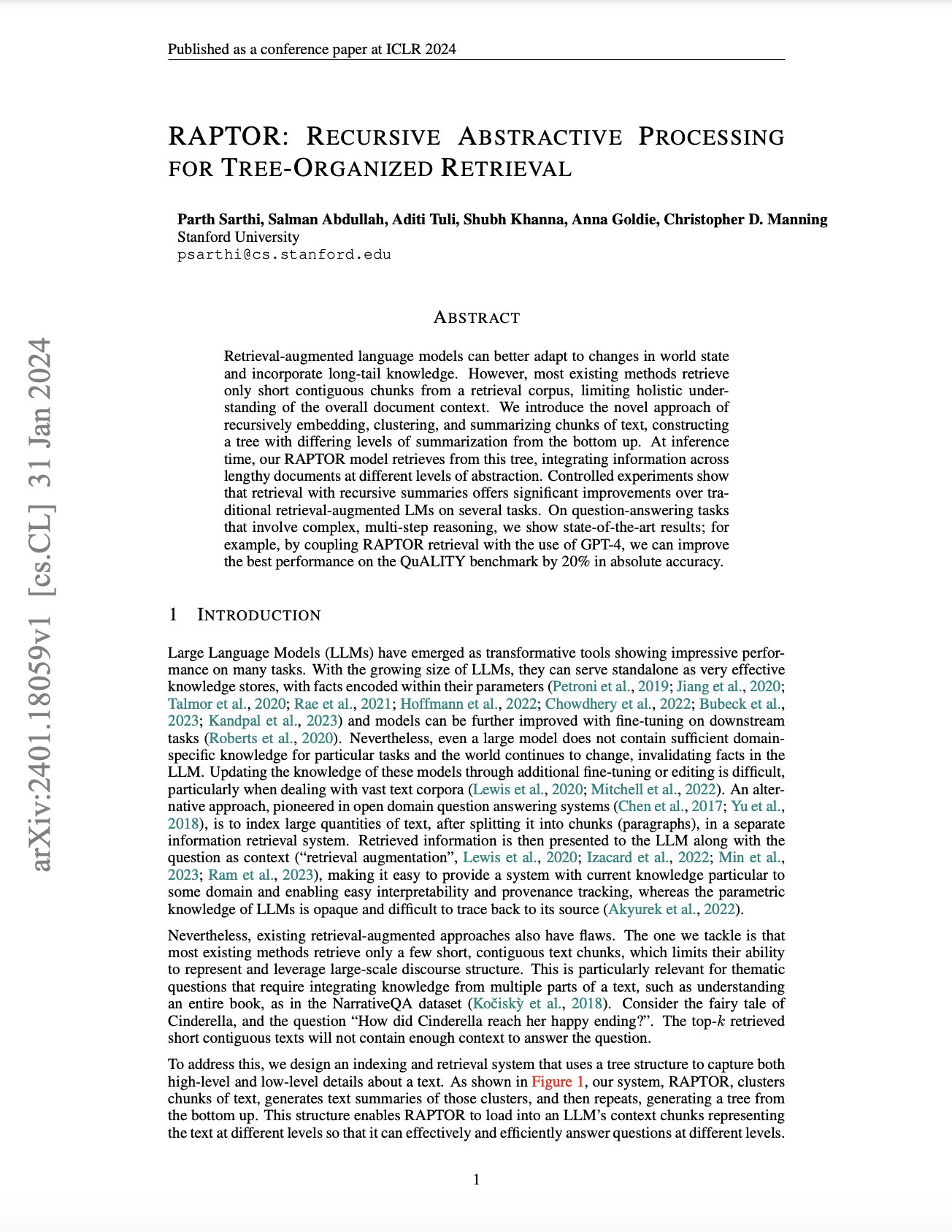 RAPTOR: Recursive Abstractive Processing Tree Retrieval