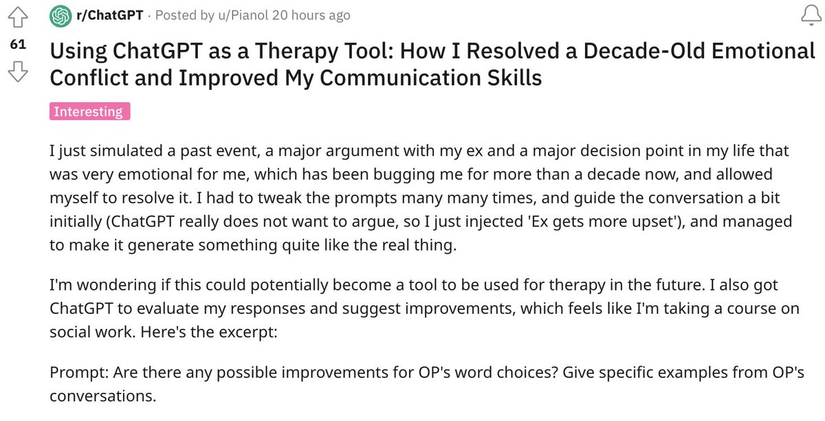 ChatGPT Used Successfully as a Therapy Tool