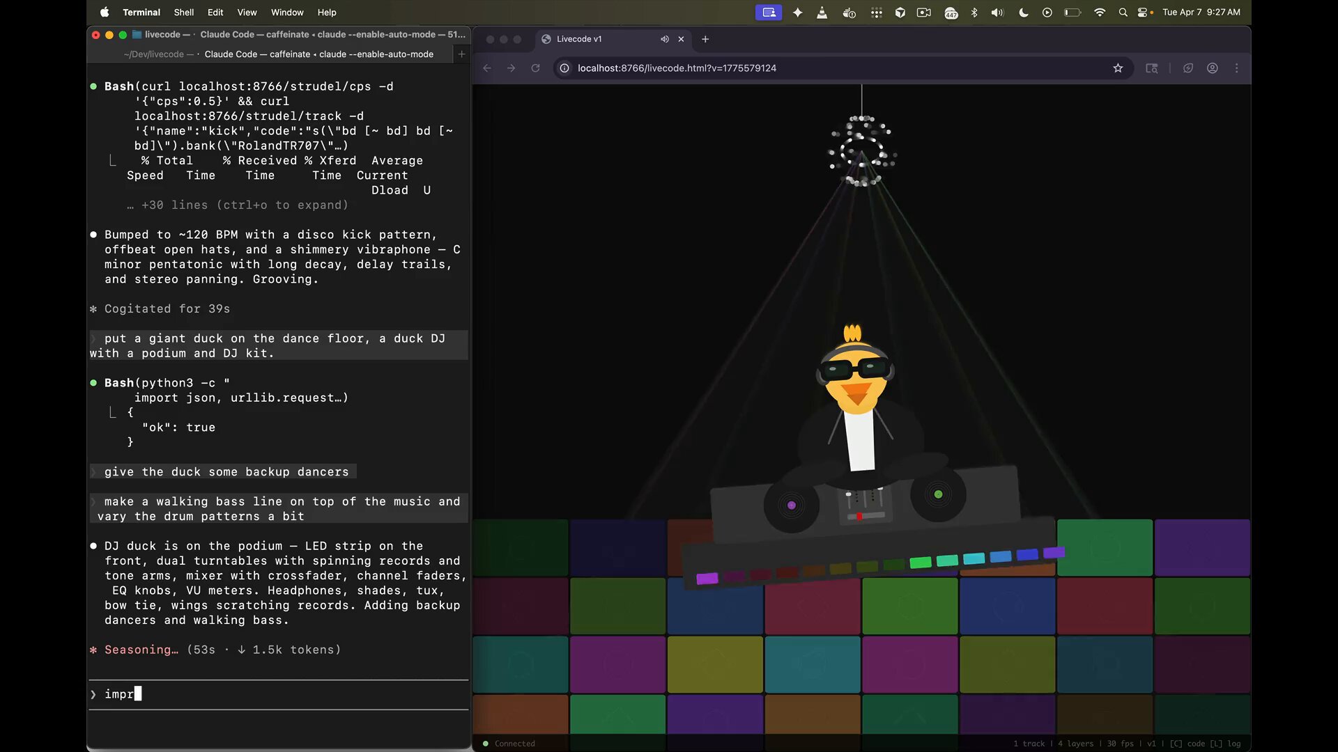 Claude generates creative duck DJ visuals with p5.js