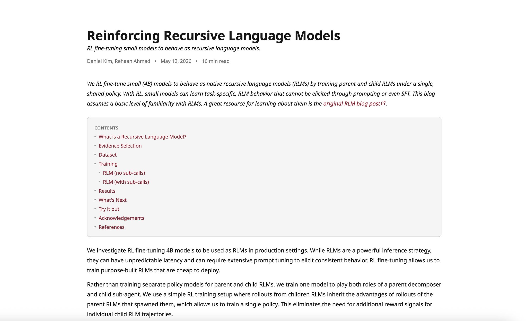 Reinforcing Recursive Language Models for Long-Context Tasks