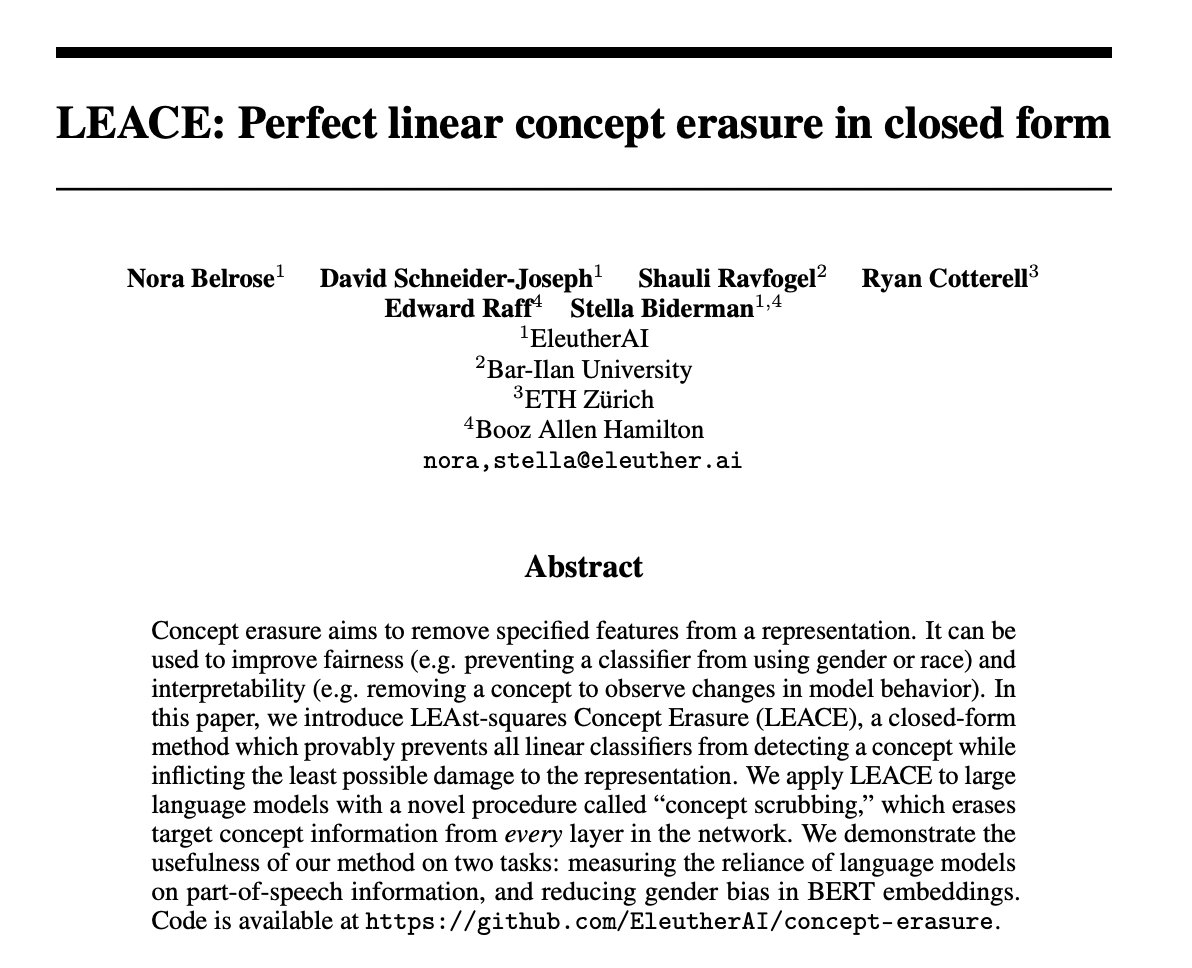 LEACE: Perfect Linear Concept Erasure in Closed Form