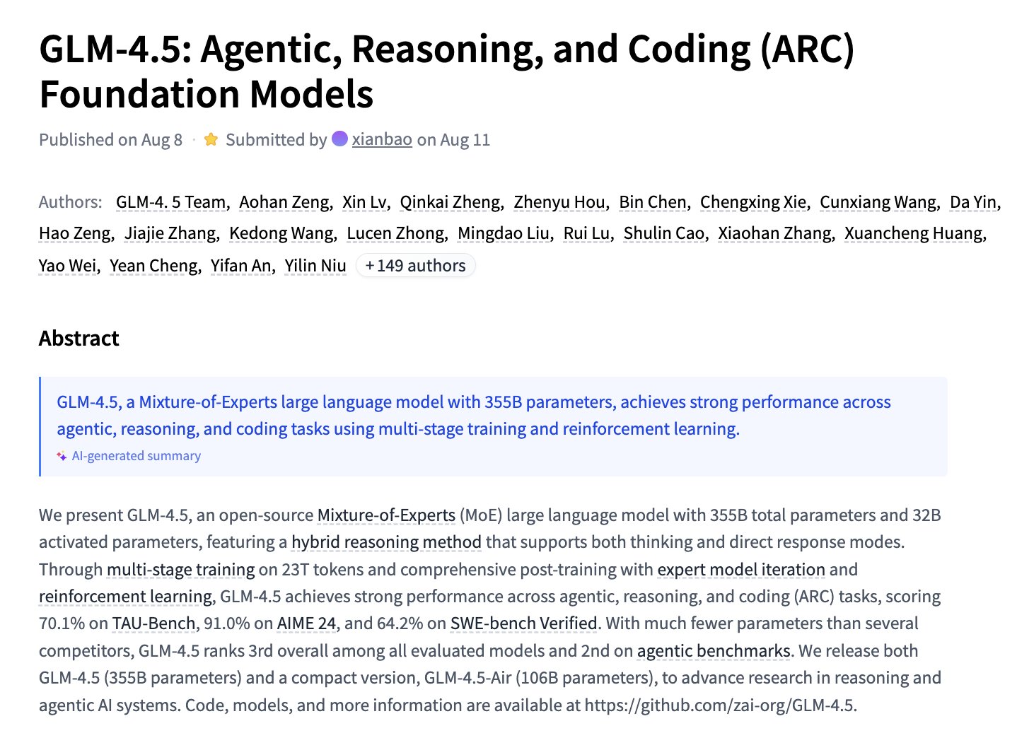 GLM-4.5: Agentic Reasoning and Coding Foundation Models