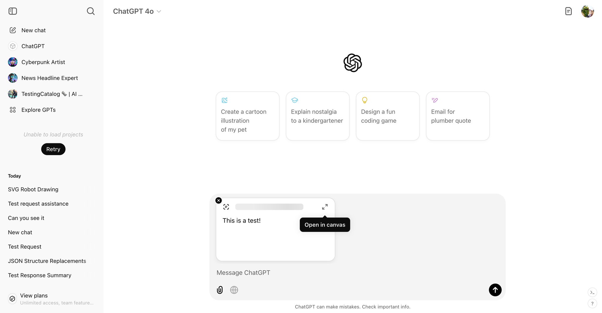 OpenAI will allow creating a Canvas from the prompt bar
