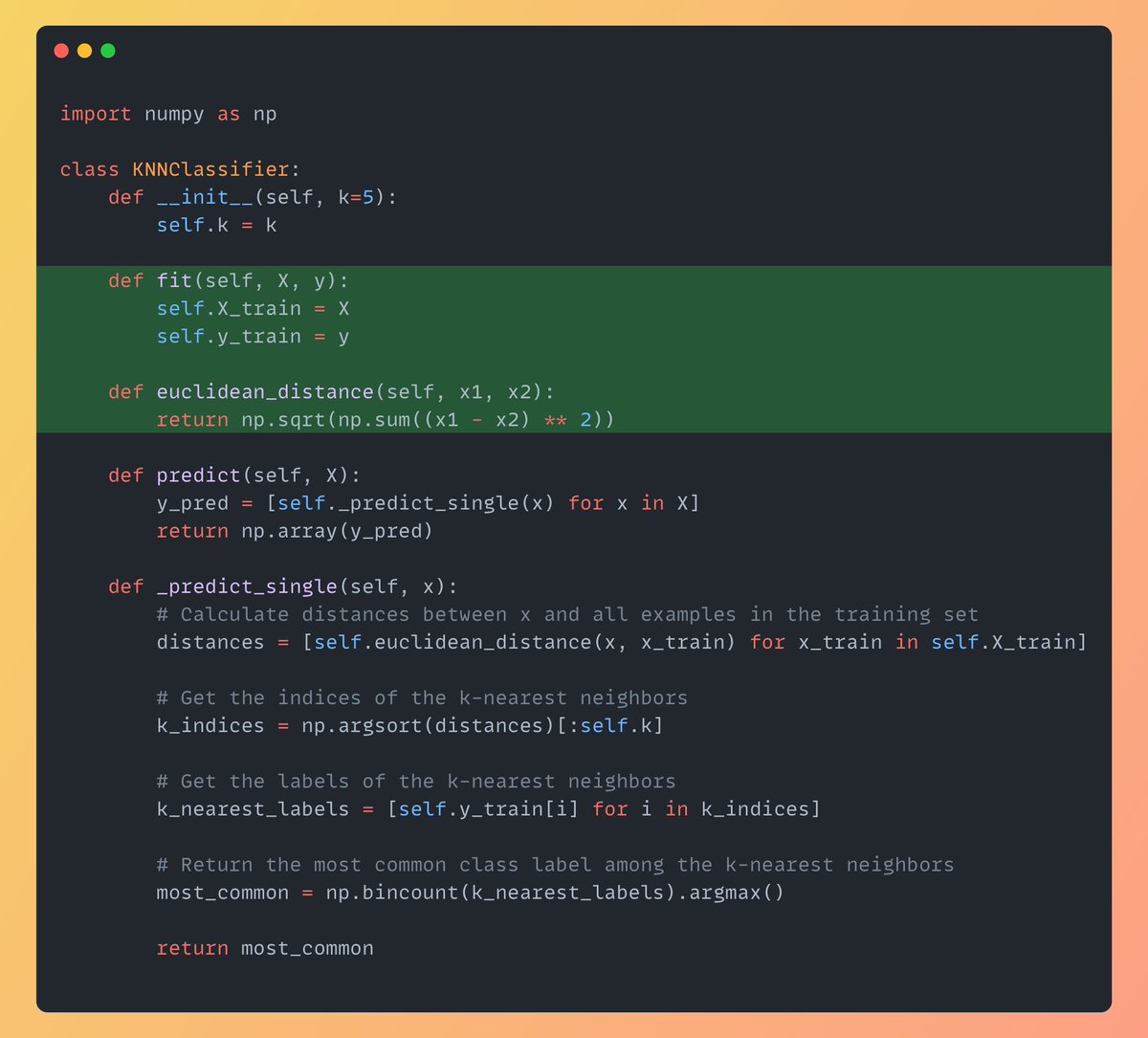 Implementing fit method and euclidean distance in KNN