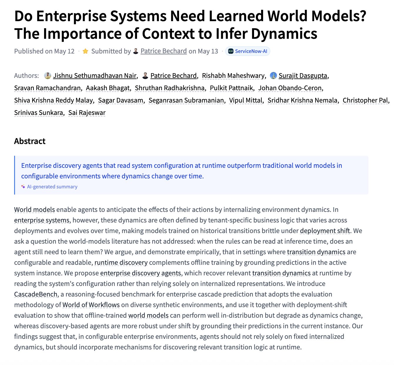 Do Enterprise Systems Need Learned World Models?