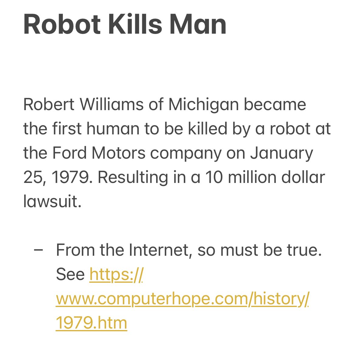 First Human Killed by Robot: Ford Motors 1979