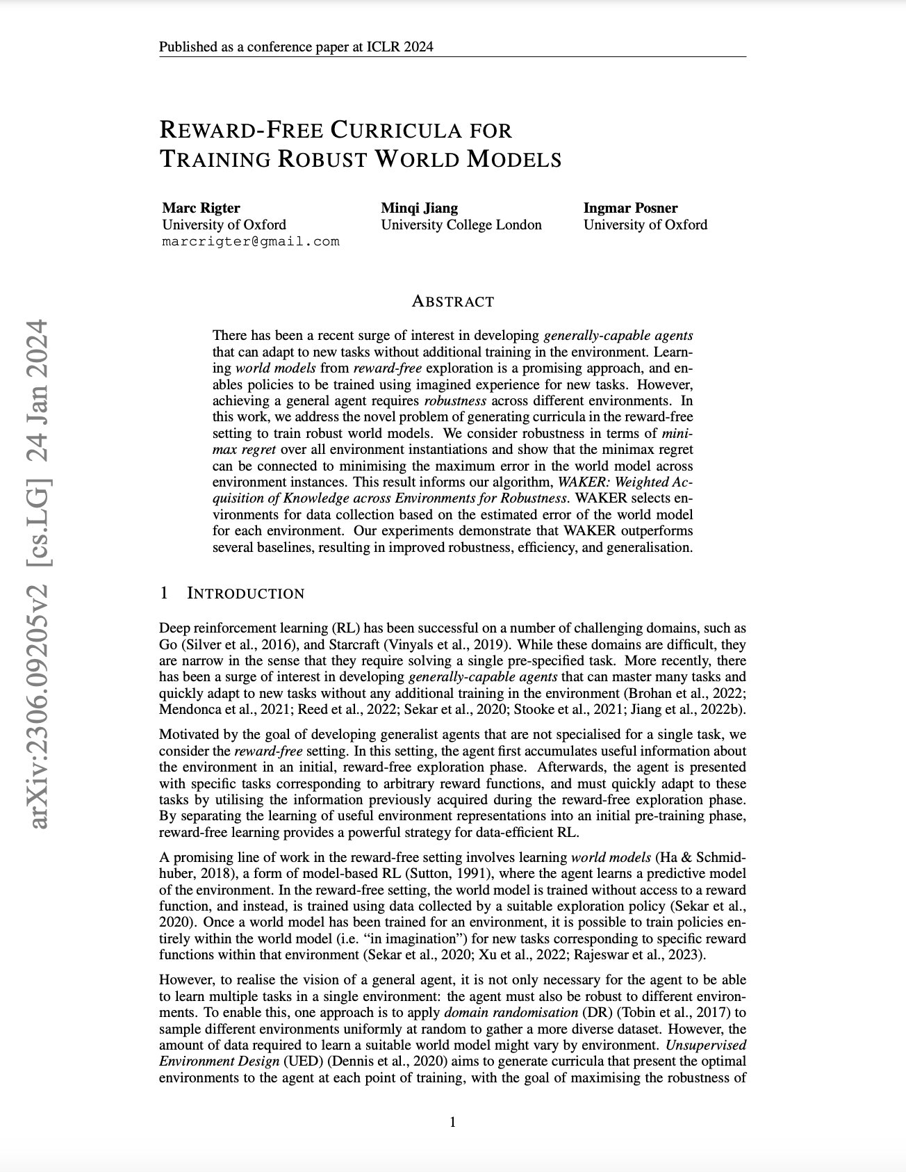 Reward-Free Curricula for Training Robust World Models