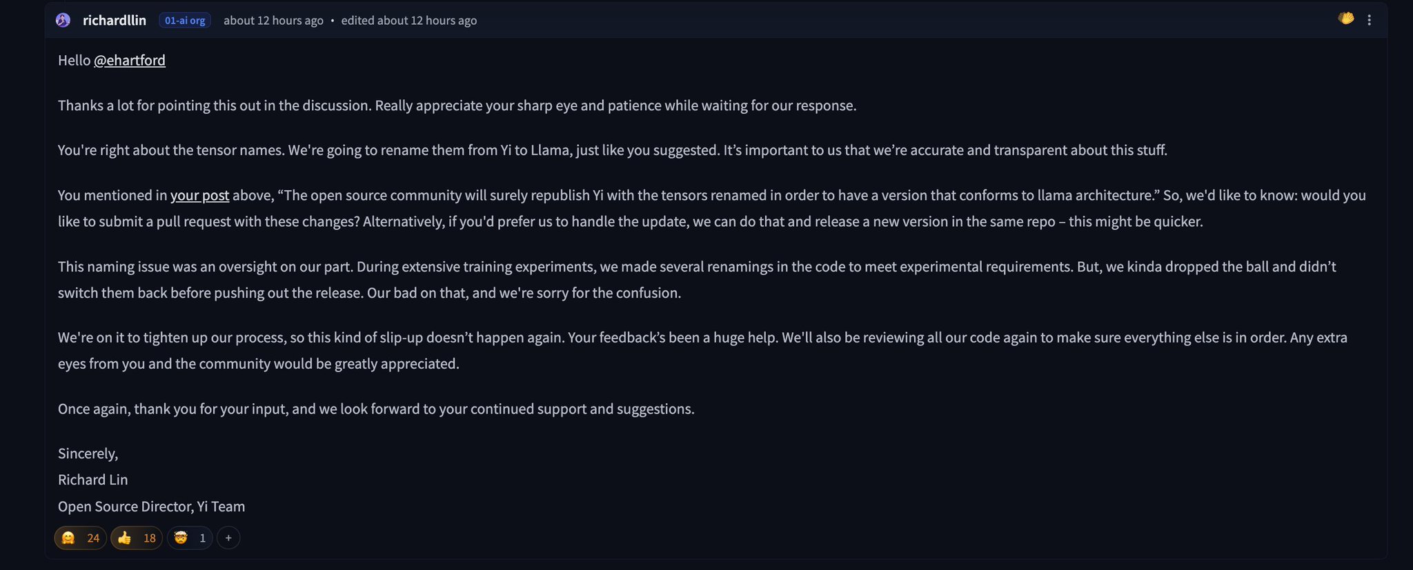 Yi Model Acknowledges Open Source AI Development Legacy