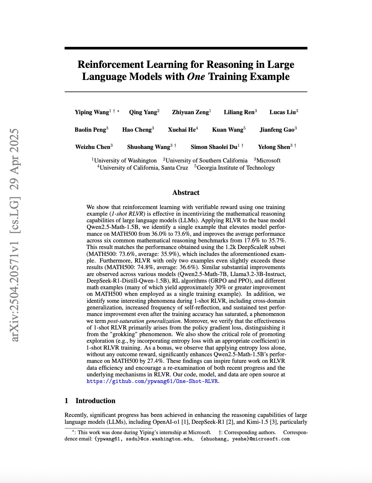 Reinforcement Learning Enables LLM Reasoning with Single Example