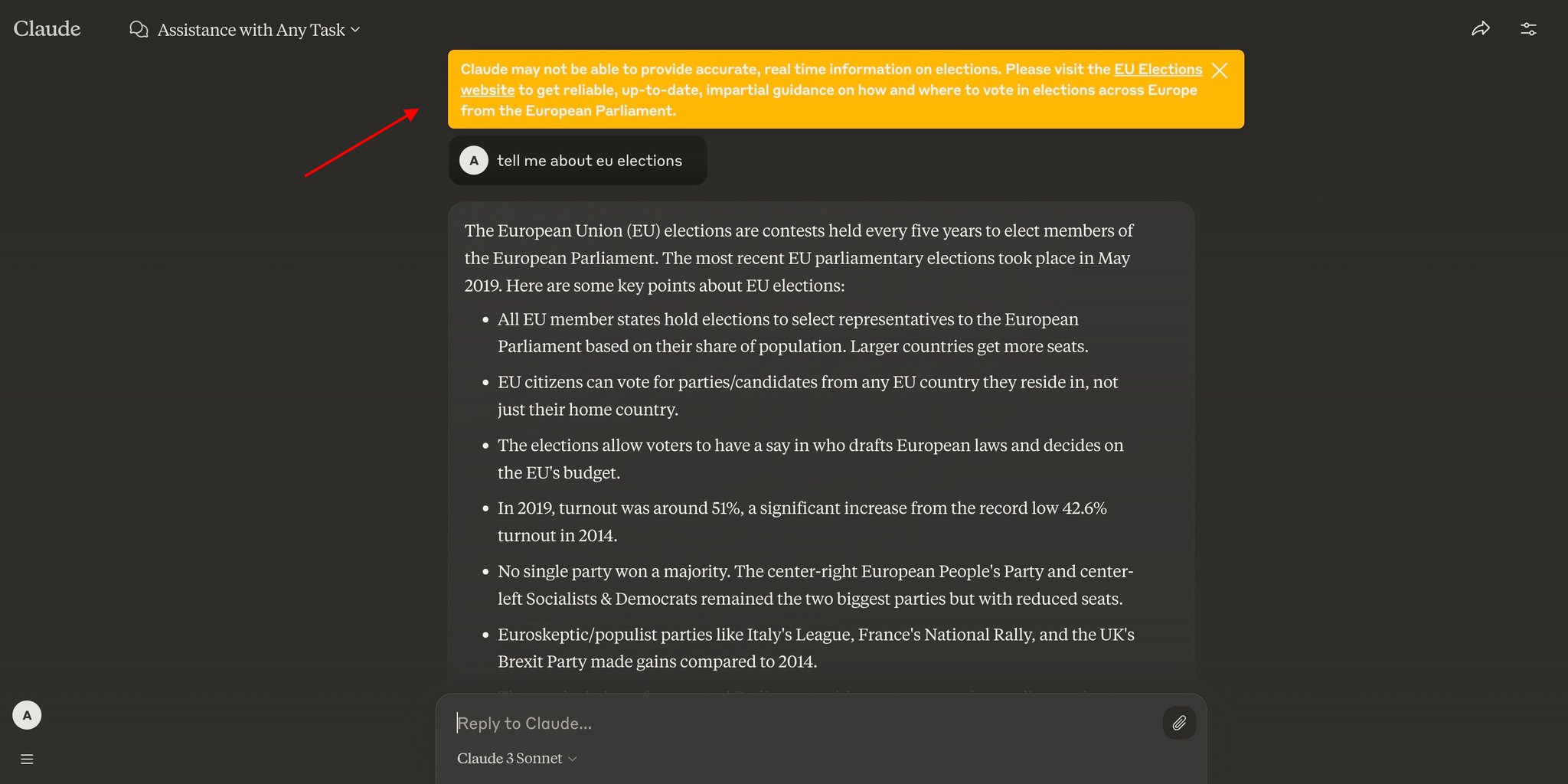 Claude AI Implements EU Election Information Warning Banner